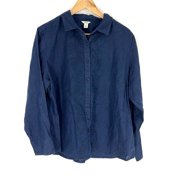 LL Bean Shirt Size Large Petite Womens Navy Linen Button Down Embroidered Top - Picture 1 of 9